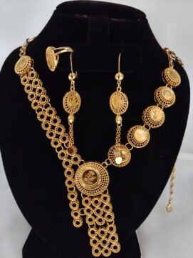 Traditional Gold Plated Jaali Coin Necklace Set with Earrings & Ring for Women