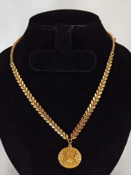 Elegant Gold Plated Leaf Chain Necklace with Filigree Round Pendant for Women