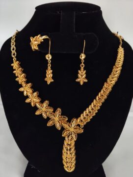 Gold Plated Floral Designer Short Necklace Set with Earrings & Ring for Women