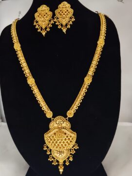 Traditional Gold Plated Long Haram Necklace Set with Earrings | Bridal Temple Jewelry