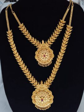 Gold Plated 2-Layer Bridal Haram Necklace Combo Set with Ruby Stone Pendant