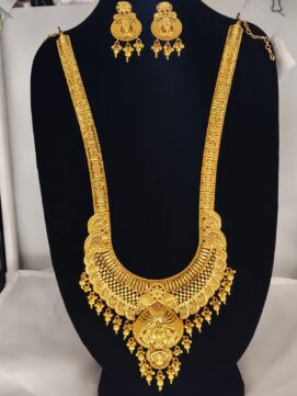 Traditional Gold Plated Heavy Bridal Long Aaram Set with Earrings