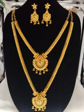 Gold Plated Bridal 2-Layer Necklace Combo Set | Peacock Pendant with Ruby Green Stones