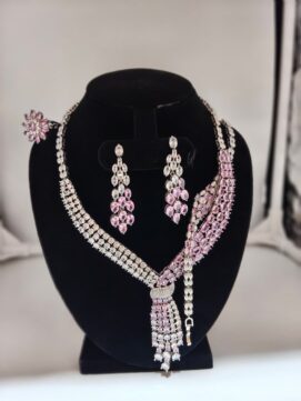 Elegant Korean Pink Crystal Layered Necklace Set with Tassel Pendant