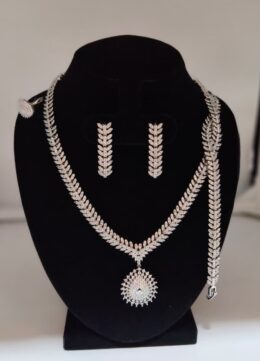 American Diamond Leaf Design Necklace Set with Round Pendant, Earrings, Bracelet & Ring | Silver Finish Bridal Jewellery