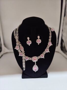 American Diamond Floral Necklace Set with Pink Stone Pendant, Earrings & Bracelet | Party Wear Jwellery