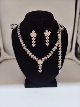 American Diamond Leaf Design Necklace Set with Earrings, Bracelet & Ring | Silver Finish Party Wear Jewellery