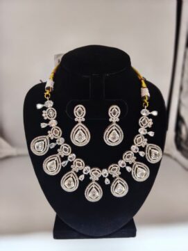 American Diamond Teardrop Necklace Set with White Stones & Earrings | Silver Finish Bridal Party Jewellery