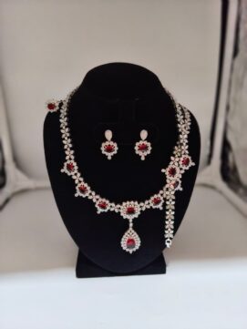 American Diamond Ruby Red Necklace Set with Teardrop Pendant, Earrings & Bracelet | Bridal Reception Jwellery