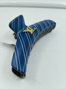 CNA Branded Catch Clip | Blue Striped Large Hair Claw Clip | Gold Logo Accent | Premium Designer Hair Accessory for Women