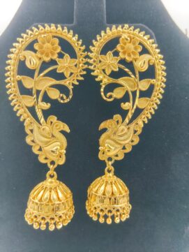 Full Ear Cuff Jhumka Earrings | Matte Gold Peacock Filigree | Floral Design Bridal Ethnic Statement Earrings