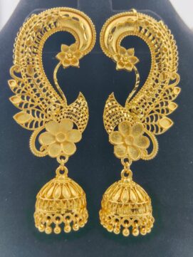 Full Ear Cuff Jhumka Earrings | Matte Gold Peacock Filigree | Floral Design Bridal Ethnic Statement Earrings
