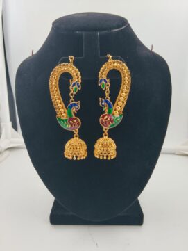 Gold Plated Meenakari Peacock Kaan Pasa Jhumka | Full Ear Cuff Earrings | Temple Jewellery