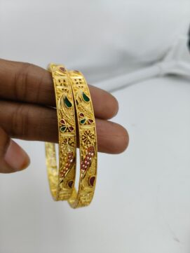 Gold Plated Meenakari Peacock Bangle Pair | Enamel Work Jali Design