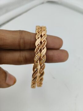 Gold Plated Twisted Leaf AD Stone Bangle Pair | CNC Cutwork Design