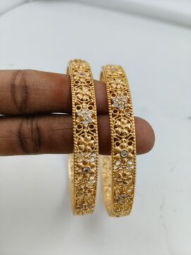 Gold Plated Floral Jali Bangle Pair | AD Stone Filigree Design
