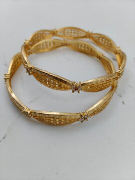 Gold Plated Infinity Leaf Jali Bangle Pair | Ruby & AD Stone Flower Design