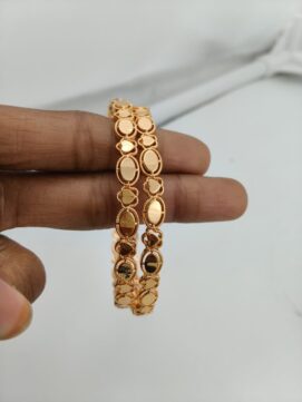 Gold Plated Oval & Heart Link Bangle Pair | Plain Chain Design