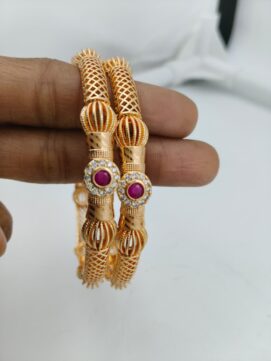Gold Plated Ruby Jali Bangle Pair | Mesh Net & Goli Work