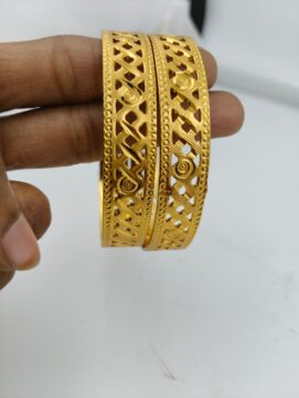 Gold Plated CNC Jali Bangle Pair | Spiral Motif & Rava Border