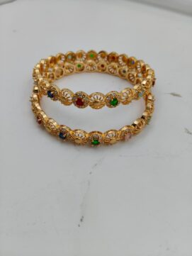 Gold Plated Navaratna Wheel Bangle Pair | Multicolor AD Stone Design