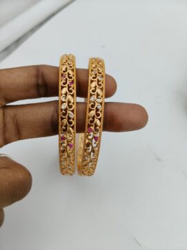 Gold Plated Leaf Vine Jali Bangle Pair | Ruby & White AD Stone