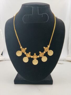 Gold Plated 5-Coin Kaasu Maalai Necklace | Floral Jali Link Chain