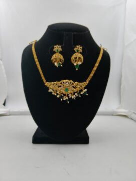 Gold Plated Peacock AD Stone Choker Set | Green Pearl Jhumka | Bridal
