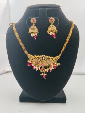 Gold Plated Peacock AD Stone Choker Set | Ruby Pearl Jhumka | Bridal