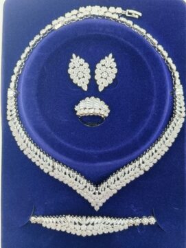 Rhodium AD Stone Baguette V-Neck Combo Set | Full White | 4-Piece Necklace Set