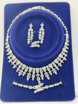 Rhodium AD Stone Baguette Leaf Jhalar Combo Set | Full White | 4-Piece Necklace Set