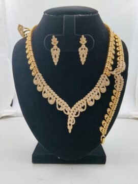 Gold-Plated AD Stone Leaf Drop V-Neck Combo Set | Full White | 4-Piece Necklace Set