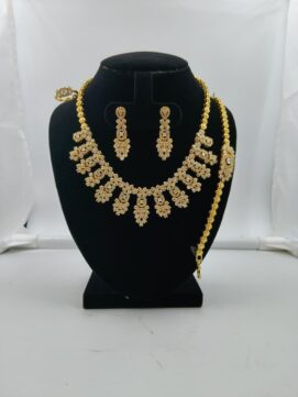 Gold-Plated AD Stone Hexagon Floral Jhalar Combo Set | Full White | 4-Piece Necklace Set