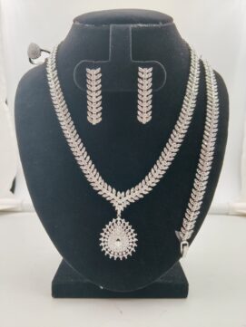 Rhodium AD Stone Leaf Vine Sunburst Pendant Combo Set | Full White | 4-Piece Necklace Set
