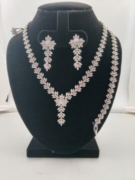 Rhodium AD Stone Floral Starburst Y-Drop Combo Set | Full White | 4-Piece Necklace Set