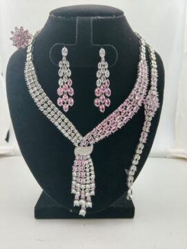 Rhodium AD Stone Pink-White Tassel Tie Combo Set | Dual Tone | 4-Piece Necklace Set