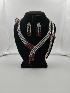 Rhodium AD Stone Ruby-White Waterfall Tassel Combo Set | Dual Tone | 4-Piece Necklace Set