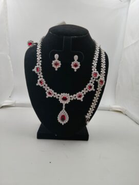 Rhodium AD Stone Ruby Red Floral Drop Combo Set | Dual Tone | 4-Piece Necklace Set