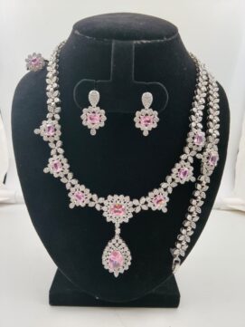 Rhodium AD Stone Baby Pink Floral Drop Combo Set | Dual Tone | 4-Piece Necklace Set
