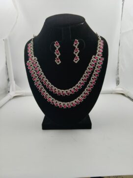 Rhodium AD Stone Fuchsia Pink Double Layer Open-Square Tennis Set | 2-Piece Necklace Set