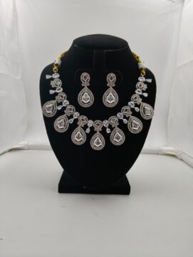 Rhodium AD Stone Uncut Polki White Teardrop Jhalar Set | 2-Piece Necklace Set