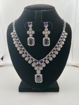 Rhodium AD Stone Tanzanite Purple Emerald-Cut V-Neck Set | 2-Piece Necklace Set
