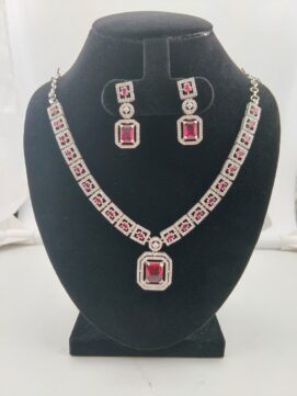 Rhodium AD Stone Ruby Red Square Tennis Necklace Set with Octagon Pendant | 2-Piece Necklace Set