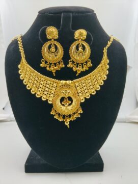 Radiant Gold-Plated Crescent Choker and Chandbali Earring Set with Beaded Fringe