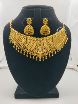Majestic Gold-Plated Choker with Ruby Accents and Traditional Jhumka Earrings