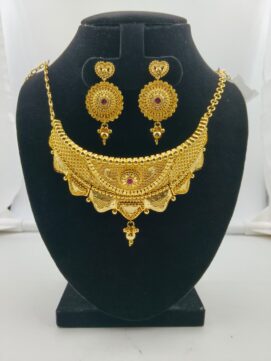 Radiant Gold-Plated Choker with Ruby Accents and Intricate Sunburst Earring Set