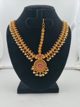 Matte Gold Coin Motif Kemp Netthichudi Set | 2-Piece Bridal Forehead Ornament Set