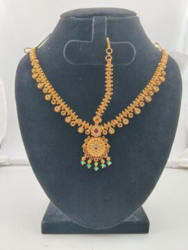 Matte Gold Multi-Color Kemp Netthichudi Set | 2-Piece Temple Forehead Ornament Set with Green Bead Drops
