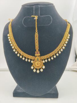 Matte Gold Double-Line Kemp Pearl Netthichudi Set | 2-Piece Temple Forehead Ornament Set