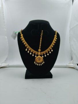 Matte Gold Ruby Kemp Filigree Netthichudi Set | 2-Piece Temple Forehead Ornament Set